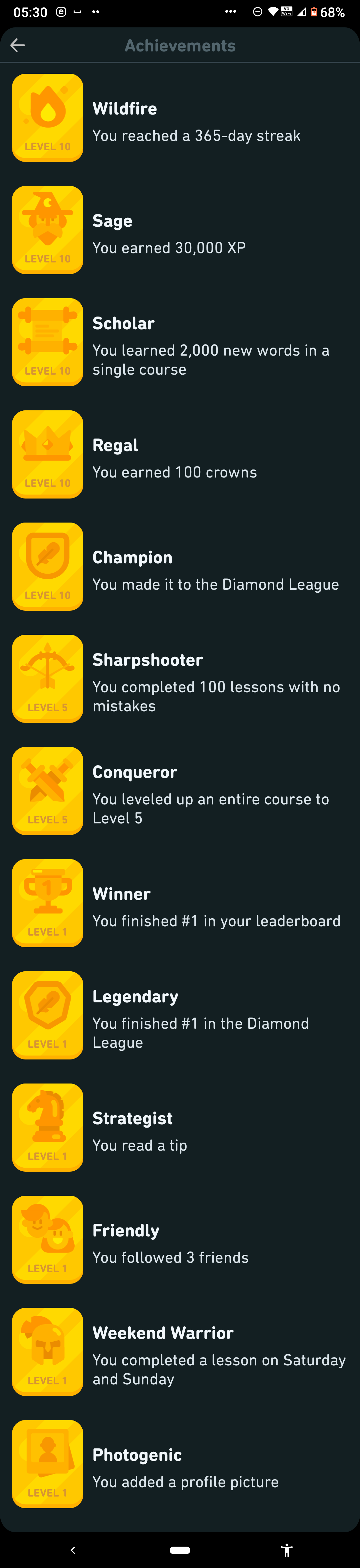 Screenshot of the full list of completed achievements.